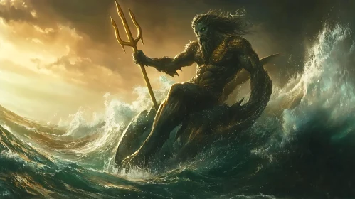 Mythical Sea God Holding Trident Amidst Stormy Waters