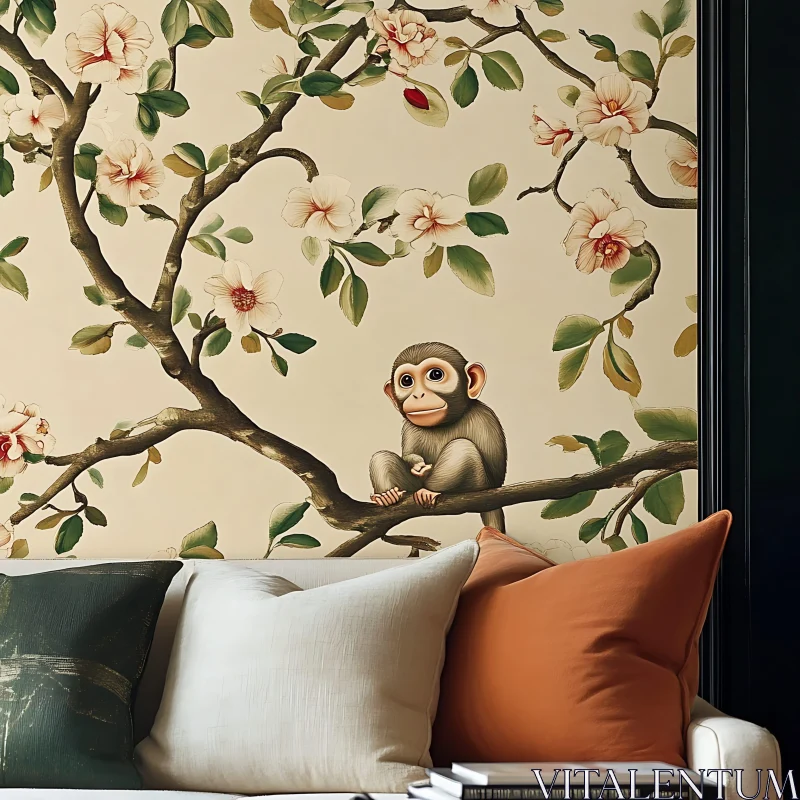 Whimsical Monkey and Blossoming Tree - Artistic Illustration AI Image