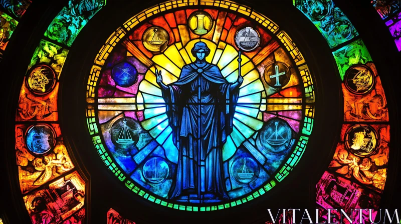 Vibrant Stained Glass Window with Symbolic Elements AI Image