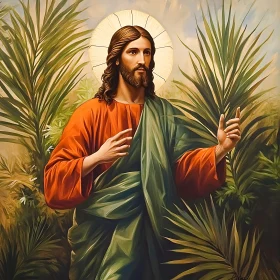 Serene Jesus with a Halo Amid Palm Leaves