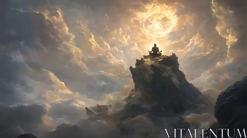 AI ART Meditative Silhouette atop Cloud-Engulfed Mountain