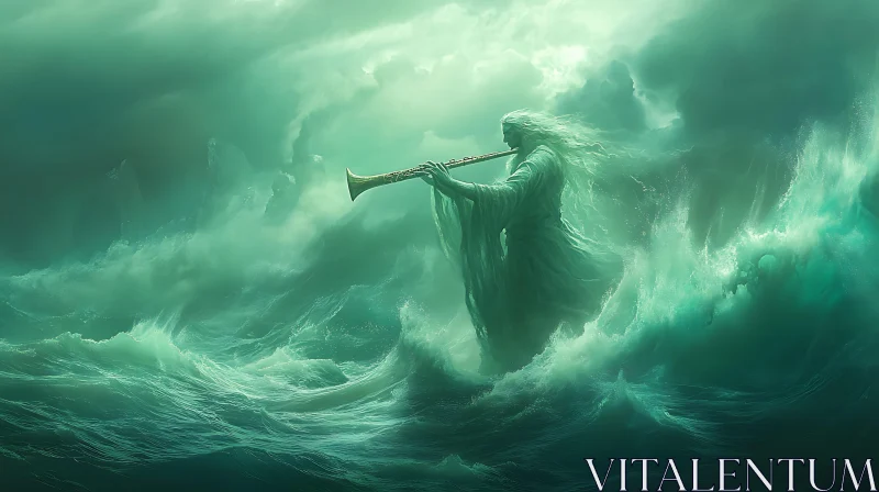 Ethereal Musician in Ocean Waves AI Image