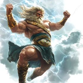 Mythological Thunder God in Stormy Sky