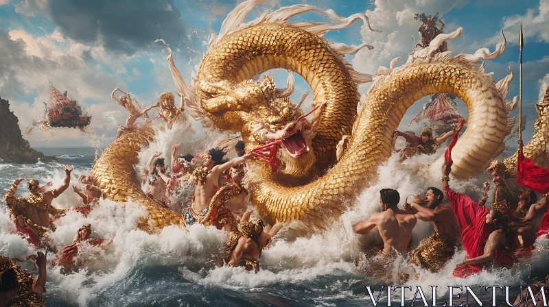 AI ART Mythical Warriors vs. Golden Dragon