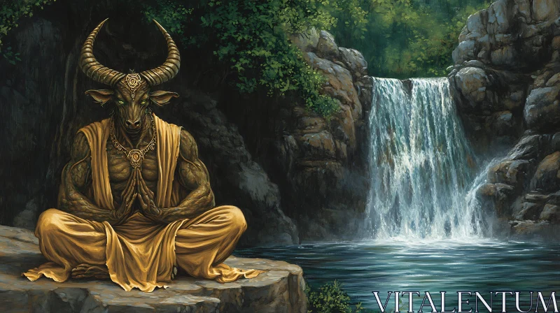 Mystical Creature Meditating by Waterfall AI Image