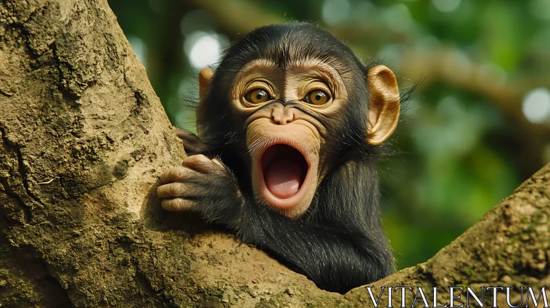 Young Monkey with Open Mouth on Tree Branch Young Monkey with Open Mouth on Tree Branch