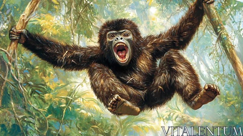 Energetic Monkey Swinging in Green Forest Energetic Monkey Swinging in Green Forest