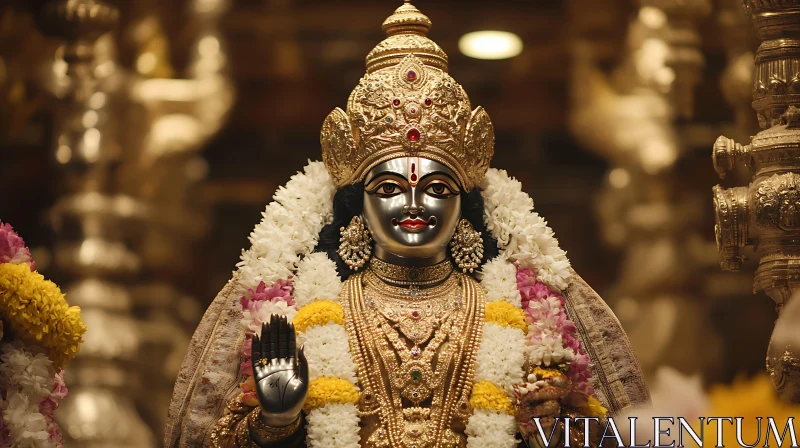 Intricate Hindu God Statue with Floral Garlands Intricate Hindu God Statue with Floral Garlands
