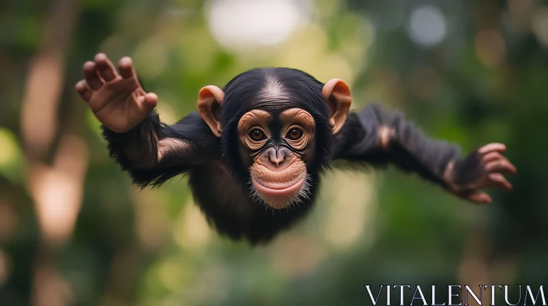 Playful Chimpanzee in Mid-Leap AI Image