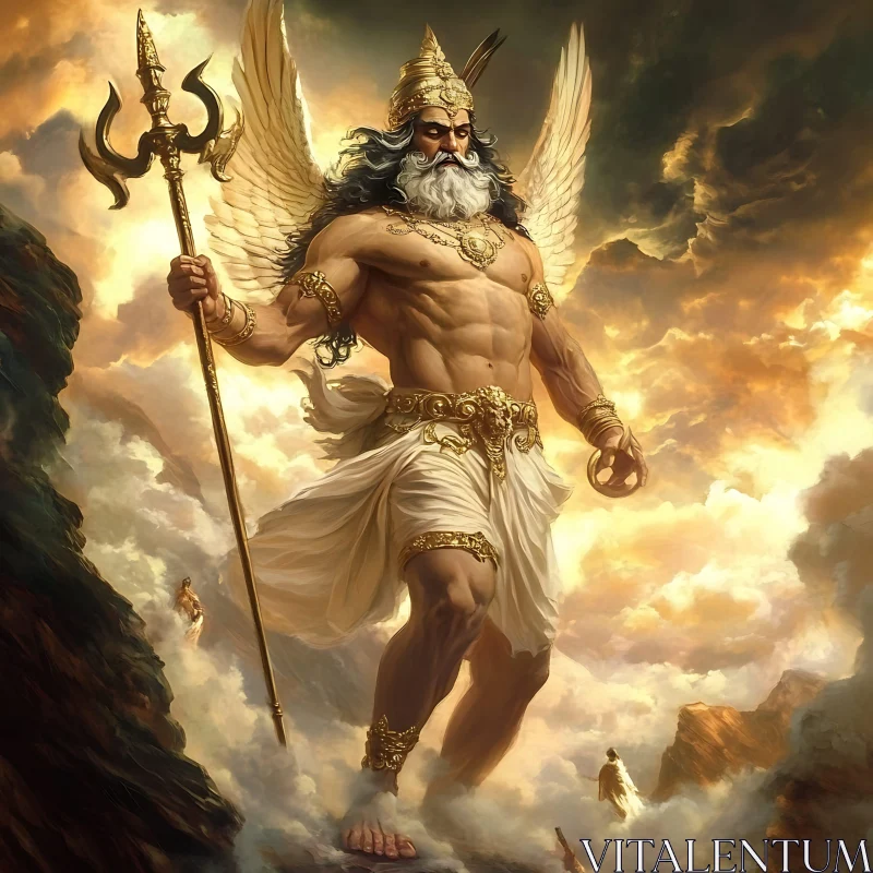 Divine Ancient Deity with Trident and Wings AI Image