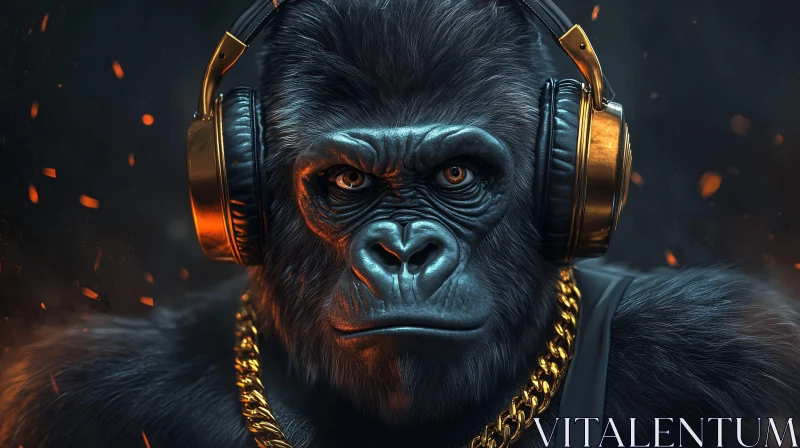 Gorilla with Luxurious Headphones and Gold Chain AI Image