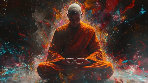 Tranquil Monk in Meditation with Abstract Energy Burst