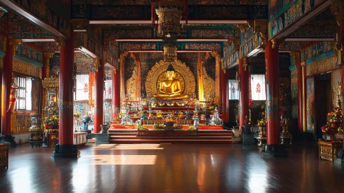 Serene Temple Interior Featuring Golden Buddha Statue