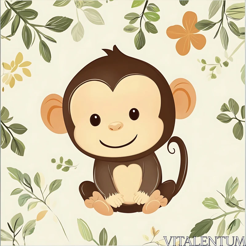 Cute Cartoon Monkey with Leaves AI Image