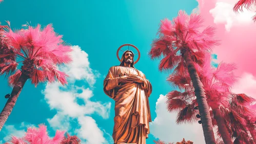 Ethereal Statue Amidst Vivid Palms