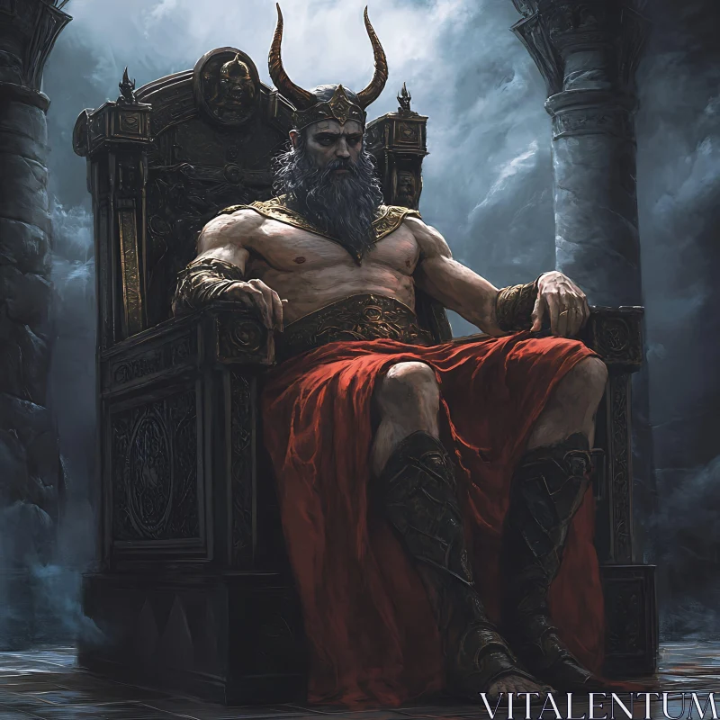 Regal Figure Seated in Ancient Throne Room AI Image