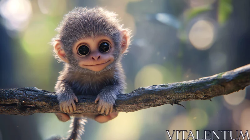 AI ART Cute Baby Monkey with Big Eyes on a Branch