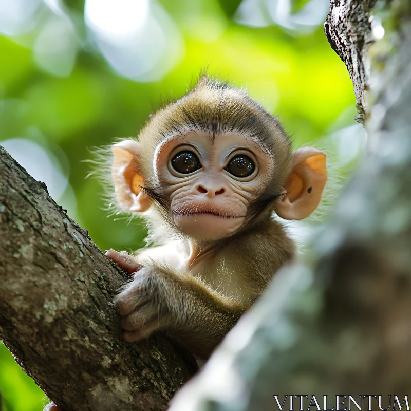 AI ART Cute Baby Monkey on Tree Branch in Green Forest