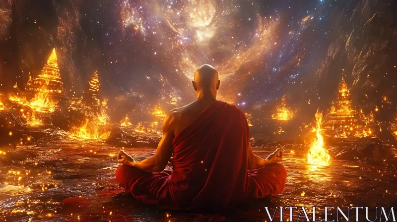 AI ART Monk's Contemplation in Fiery and Celestial Presence