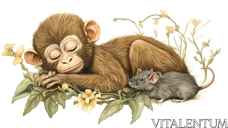 Serene Slumber of a Monkey and Mouse AI Image