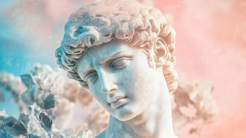 Classical Sculpture Against Blue and Pink Gradient