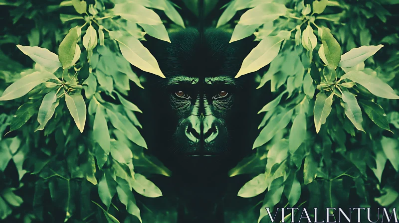 AI ART Gorilla Face in Jungle Leaves