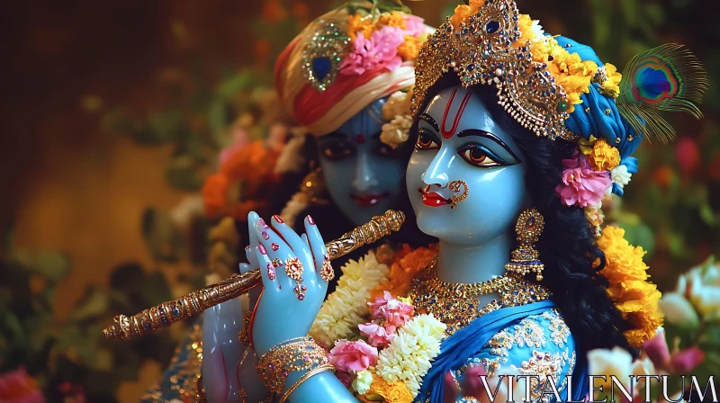 Krishna Playing Flute with Radha Amidst Flowers AI Image