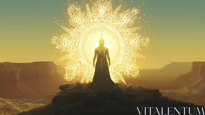 Enigmatic Silhouette with Radiant Mandala Backdrop AI Image