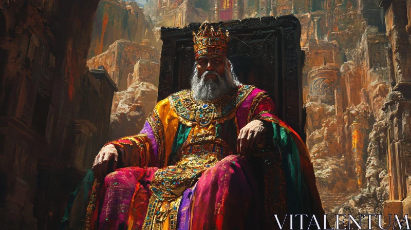 Regal Monarch in Ornate Robes at Ancient Palace AI Image