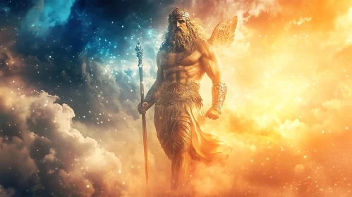 Divine Warrior in Ethereal Light and Clouds