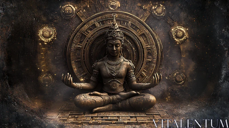 Bronze Meditative Deity with Ornate Background AI Image