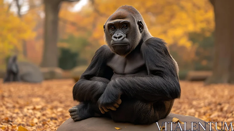 Gorilla Sitting Among Autumn Leaves AI Image