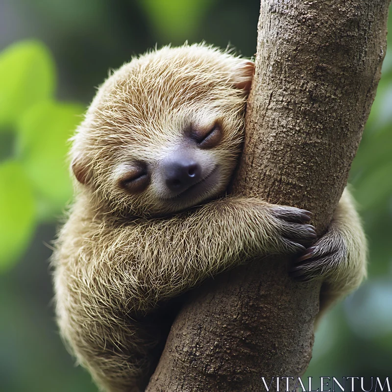 Peaceful Sleeping Sloth Embracing Tree Trunk AI Image