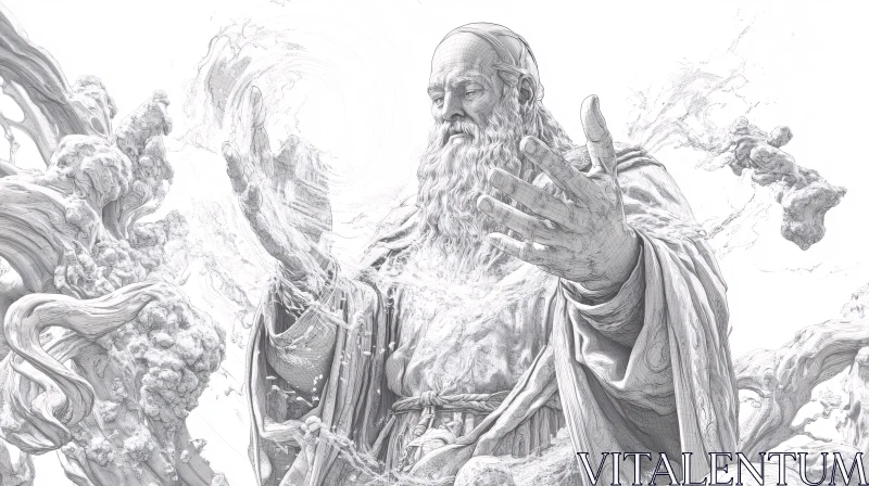 Monochrome Illustration of a Wizard in Action AI Image