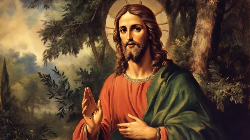 Jesus in the Forest Painting with Halo and Robes