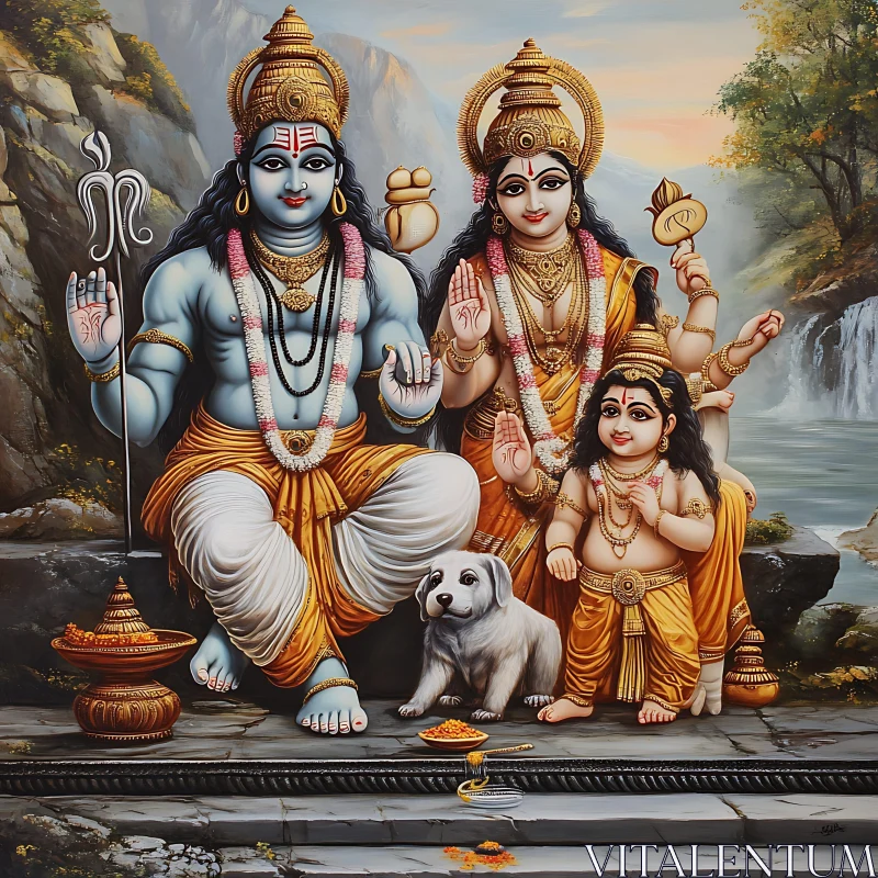 Sacred Hindu Family in Nature AI Image