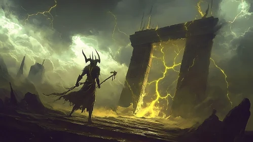 Mythical Hero Facing Glowing Portal in Stormy Landscape