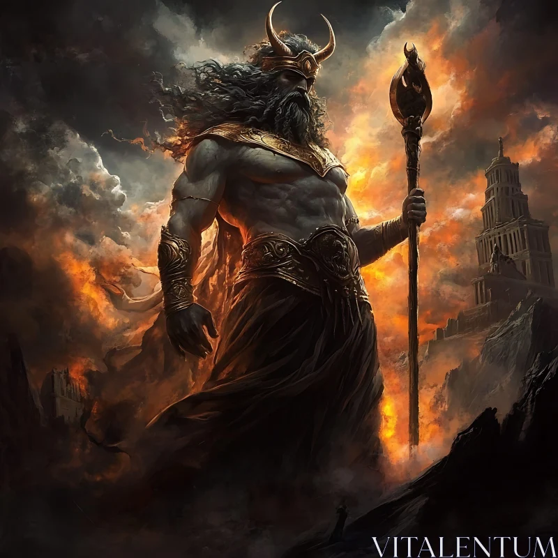 Powerful Deity With Scepter in Fiery Surroundings AI Image