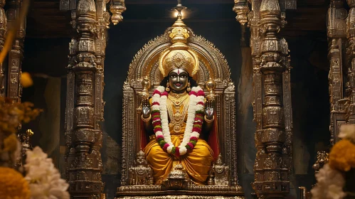 Intricate Golden Statue Adorned with Garlands