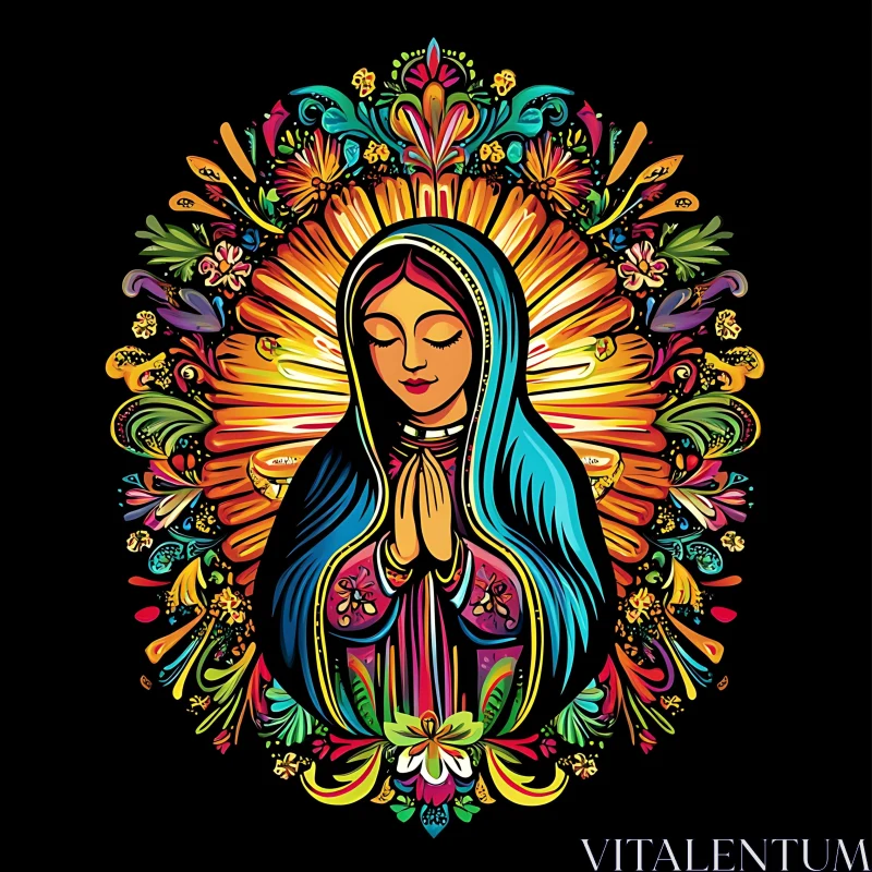 Colorful Ornate Spiritual Art with Praying Figure AI Image