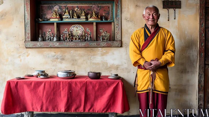 Serene Monk by Altar with Religious Artifacts AI Image