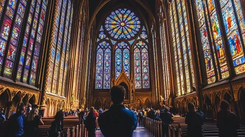 Visitors Inside a Gothic Cathedral with Stained Glass