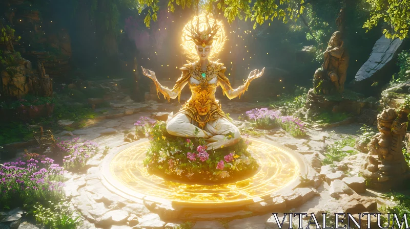 Ethereal Meditative Figure Amidst Enchanted Flora AI Image