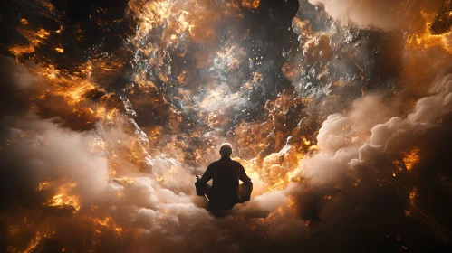 Spiritual Meditation Amidst Cosmic Fire and Clouds