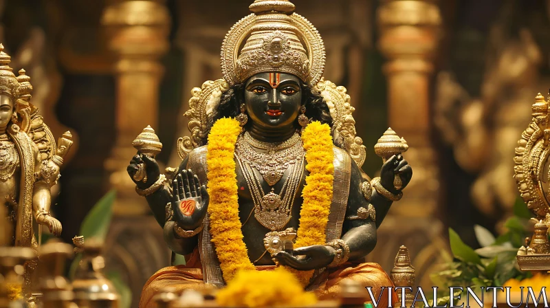 Deity Statue with Golden Ornaments and Flower Garland AI Image