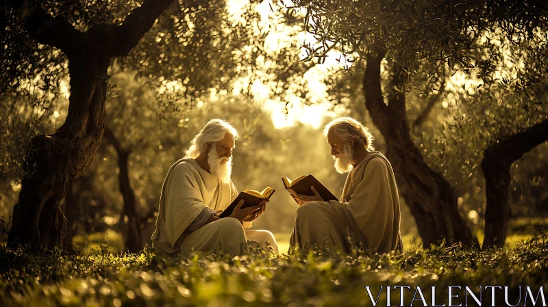 Elders Immersed in Books Under Forest Canopy AI Image