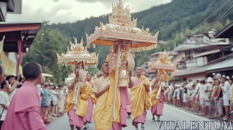 AI ART Traditional Festival Parade with Monks and Golden Umbrellas