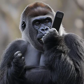 Gorilla Holding a Phone and Examining It