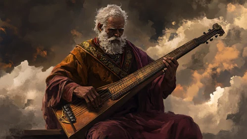 Old Musician in Traditional Clothes with Clouds in Background