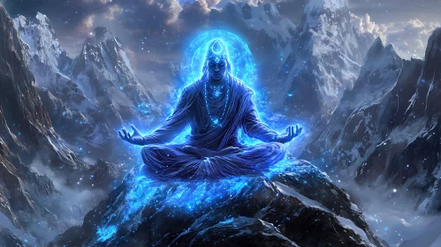 Serene Meditator with Blue Energy in Mountainous Landscape